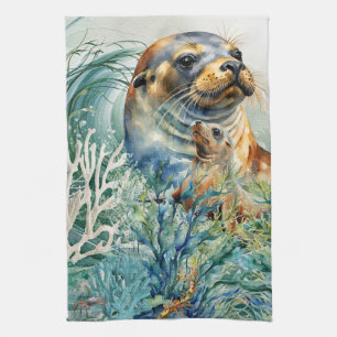 Waterverf Zeeleeuw en Jong Keukendoek Theedoek