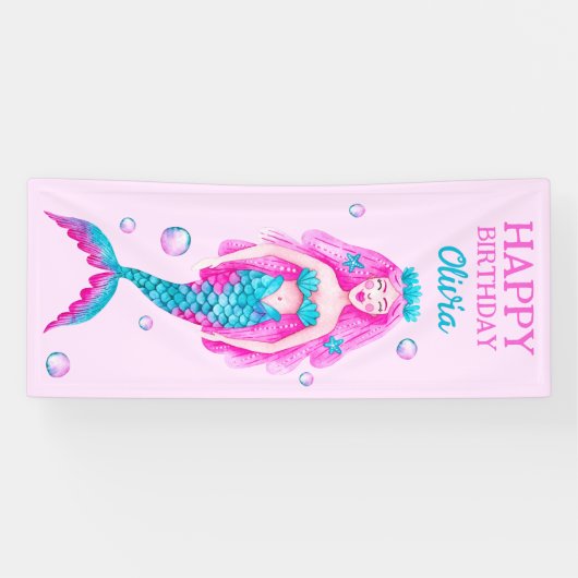 Waterverf Zeemeermin in Roze en Tuquoise Verjaarda Spandoek (Horizontaal)