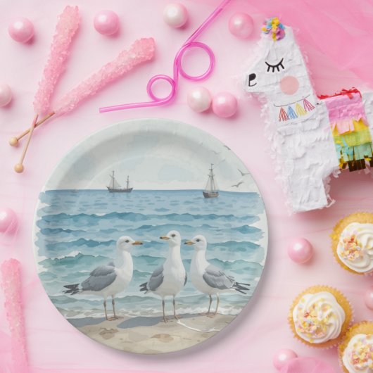 Waterverf zeemeeuwen aan het strand Kustoceaan Papieren Bordje (Feest)