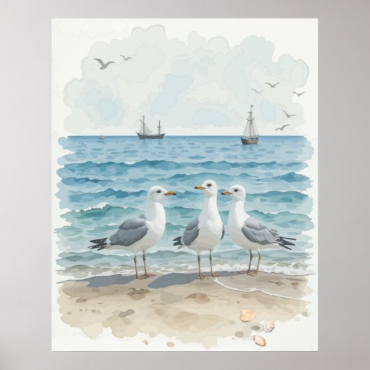 Waterverf zeemeeuwen aan het strand Kustoceaan Poster (Voorkant)