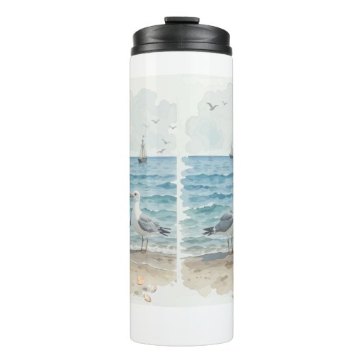 Waterverf zeemeeuwen aan het strand Kustoceaan Thermosbeker (Voorkant)