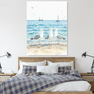 Waterverf Zeemeeuwen op het strand Coastal Custom Canvas Afdruk