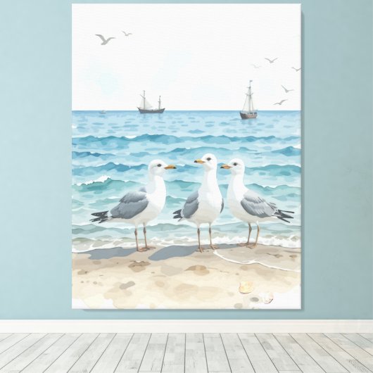 Waterverf Zeemeeuwen op het strand Coastal Custom Canvas Afdruk (Insitu (Houten vloer))