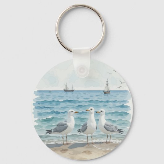 Waterverf Zeemeeuwen op het strand Coastal Custom Sleutelhanger (Voorkant)