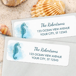 Waterverf Zeepaardje Aqua Blue Beach Retouradres Etiket
