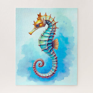 Waterverf zeepaardje op turquoise legpuzzel