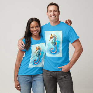 Waterverf zeepaardje op turquoise t-shirt