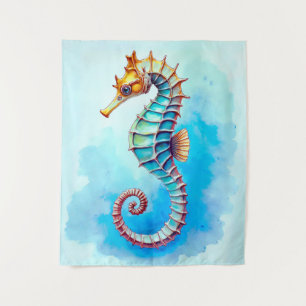 Waterverf zeepaardje op turquoise wandkleed
