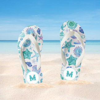 Waterverf Zeeschelpen en Zeesterren Monogram Kinder Teenslippers