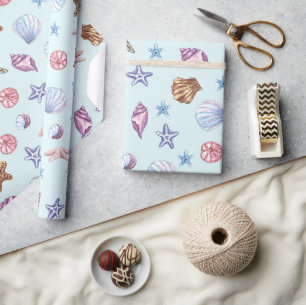Waterverf Zeeschelpen Marine Life Lichtblauw Cadeaupapier