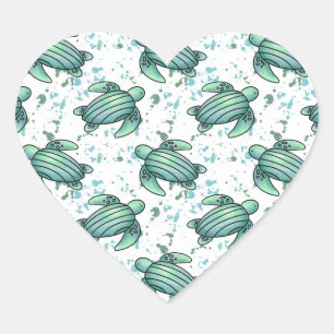waterverf zeeschildpad groen blauw patroon dier hart sticker
