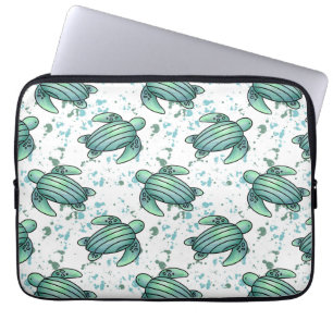 waterverf zeeschildpad groen blauw patroon dier laptop sleeve