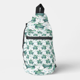 waterverf zeeschildpad groen blauw patroon dier sling bag
