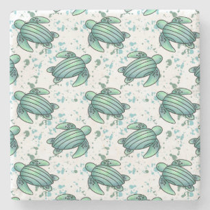 waterverf zeeschildpad groen blauw patroon dier stenen onderzetter