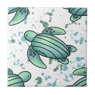 waterverf zeeschildpad groen blauw patroon dier tegeltje