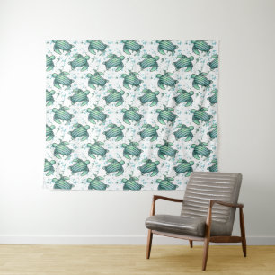 waterverf zeeschildpad groen blauw patroon dier wandkleed