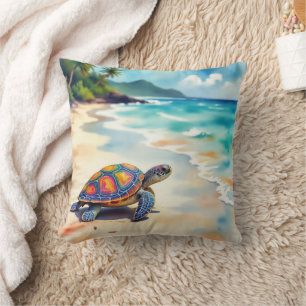 Waterverf Zeeschildpad Op Een Strand Kussen