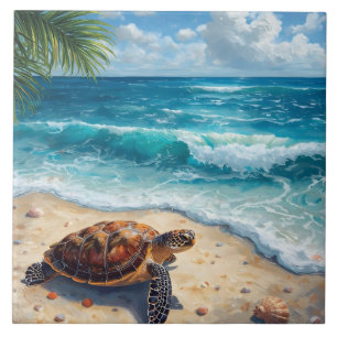 Waterverf Zeeschildpad op Zandstrand in de Tropen Tegeltje