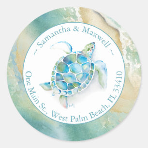 Waterverf Zeeschildpad & Strand Retouradres Sticke Ronde Sticker