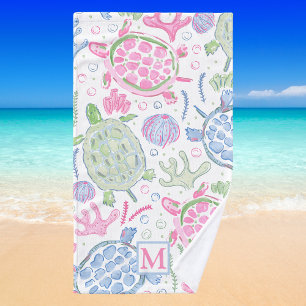 Waterverf Zeeschildpadden Kust Preppy Monogram Handdoek
