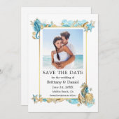 Waterverf Zeeshells Coral Coastal Blue Save The Date (Voorkant / Achterkant)