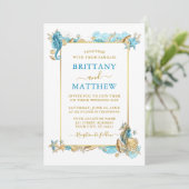 Waterverf Zeeshells koraal - blauwe bruiloft Kaart (Staand voorkant)