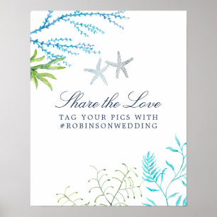 Waterverf Zeewier Strand Bruiloft Hashtag Poster