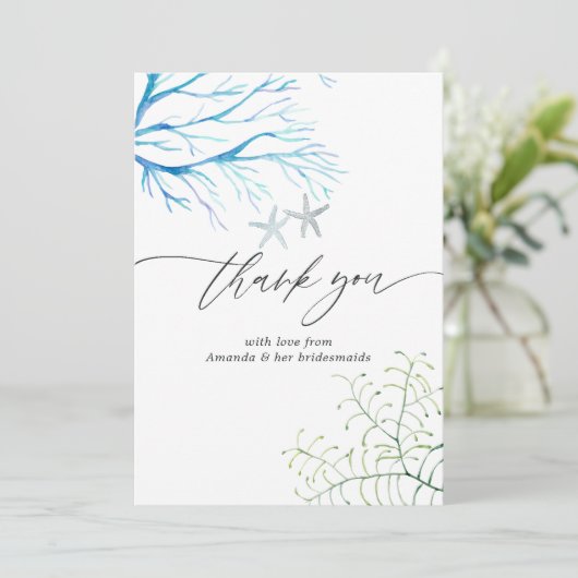 Waterverf Zeewier Strand Bruiloft Thema Bruidsfees Bedankkaart (Staand voorkant)