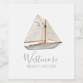 Waterverf Zeilboot Beach House Wijn Etiket (Enkel label)