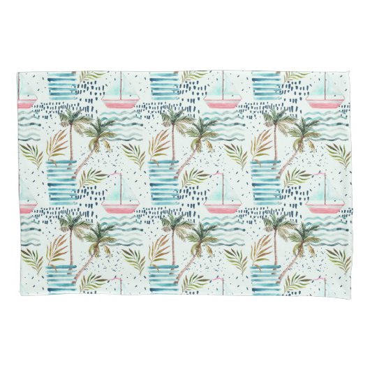 Waterverf Zeilboot met palmboompatroon Kussensloop (Voorkant-Links)