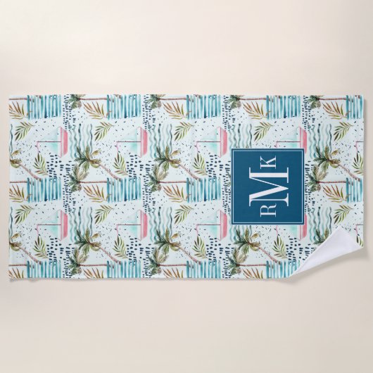 Waterverf Zeilboot met palmboompatroon Strandlaken (Voorkant)