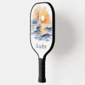 Waterverf zeilboot nautische zonsondergang oceaan pickleball paddle (Links)