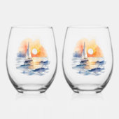 Waterverf zeilboot nautische zonsondergang oceaan wijnglas zonder voet (Voorkant)