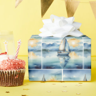 Waterverf zeilboot op een meer bij zonsondergang cadeaupapier