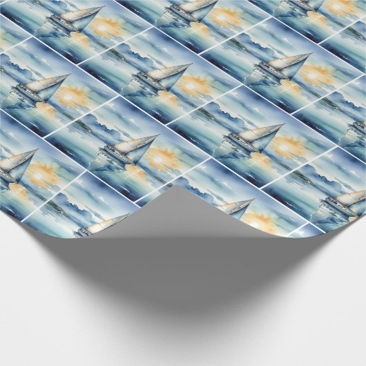 Waterverf zeilboot op een meer bij zonsondergang cadeaupapier (Hoek)