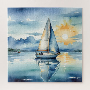 Waterverf zeilboot op een meer bij zonsondergang legpuzzel