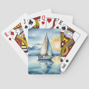 Waterverf zeilboot op een meer bij zonsondergang pokerkaarten