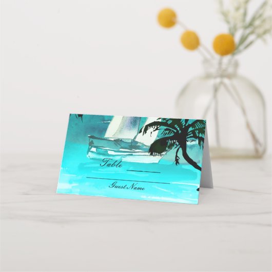 Waterverf Zeilboot Palm Trees String Lights Tafel (Achterkant)