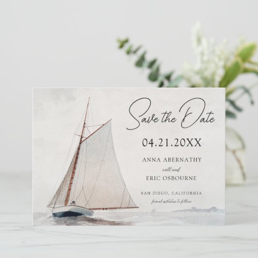 Waterverf Zeilboot Save the Date (Staand voorkant)