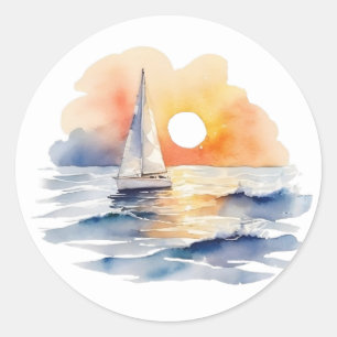 Waterverf zeilboot zonsondergang zeegezicht bruilo ronde sticker