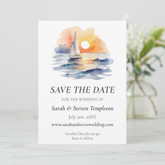 Waterverf zeilboot zonsondergang zeegezicht bruilo save the date (Staand voorkant)