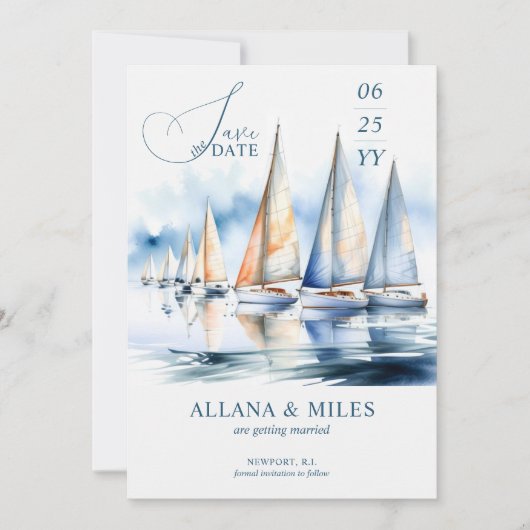 Waterverf zeilboten en foto kustbruiloft save the date (Voorkant)