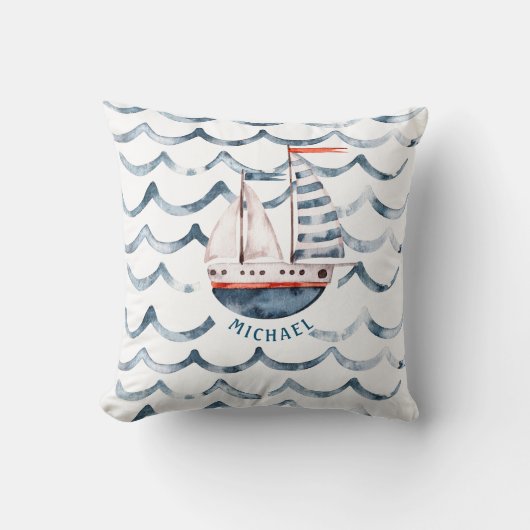 Waterverf zeiler rood en blauw monogram kussen (Voorkant)