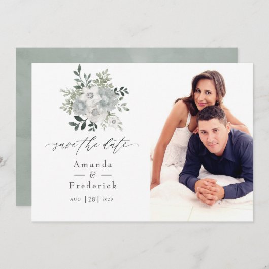 Waterverf Zilveren Salie Bloemige Trouwdag Save The Date (Voorkant / Achterkant)