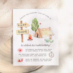 Waterverf Zomer Camping Girls Birthday Uitnodiging Briefkaart