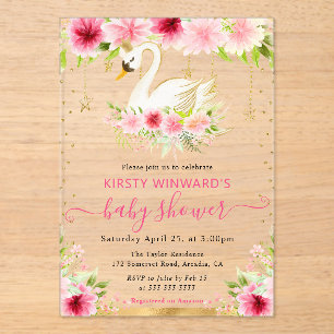 Waterverf Zomer Roze Bloemen Zwaan Baby shower Acryl Uitnodigingen