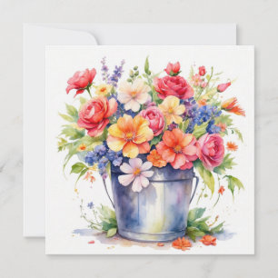 Waterverf Zomer Tuin Bloemen in een Emmer Kaart