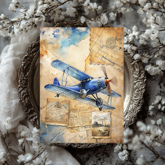 Waterverf zomerreis blauw retro vliegtuig tissuepapier