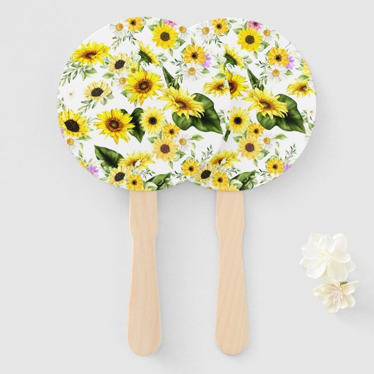 Waterverf Zonnebloem 7 Handwaaier (Voorkant en achterkant)