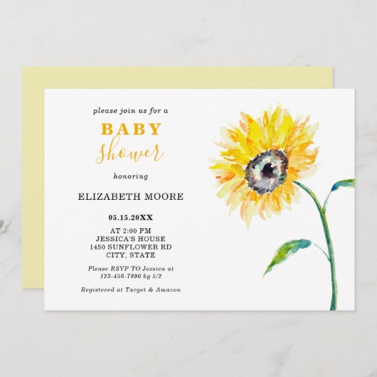 Waterverf zonnebloem Baby shower elegant eenvoudig Kaart (Voorkant / Achterkant)
